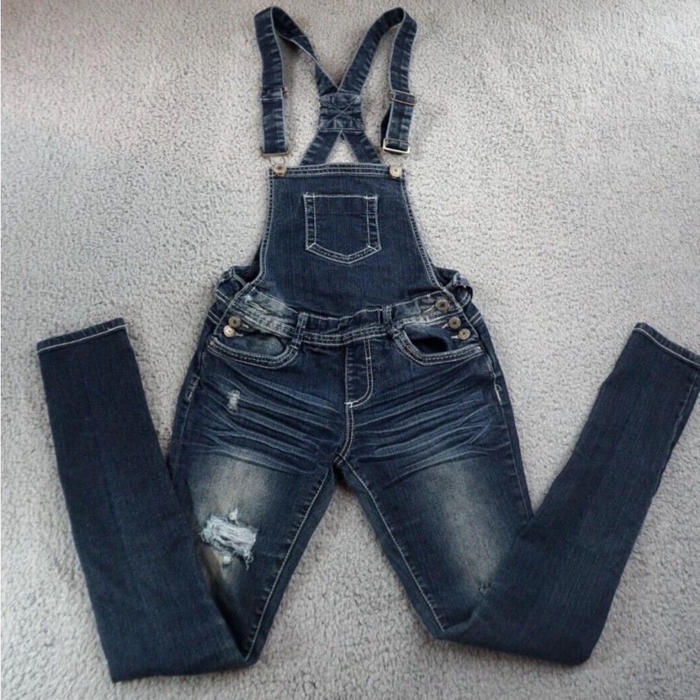 Almost famous premium overalls dark wash distressed! Front pocket women’s size 3